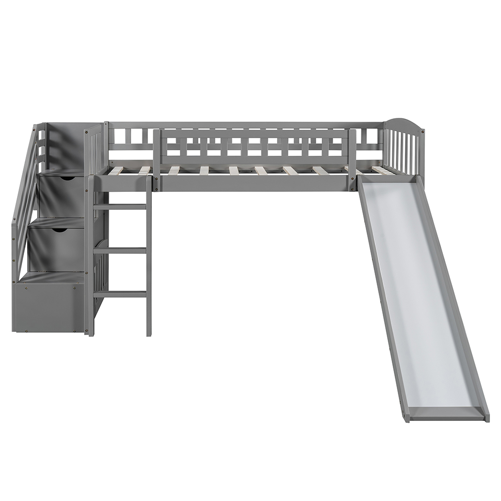 Twin-Size Loft Bed Frame with Storage Stairs, Slide, and Wooden Slats Support, No Box Spring Required, for Kids, Teens, Boys, Girls (Frame Only) - Gray