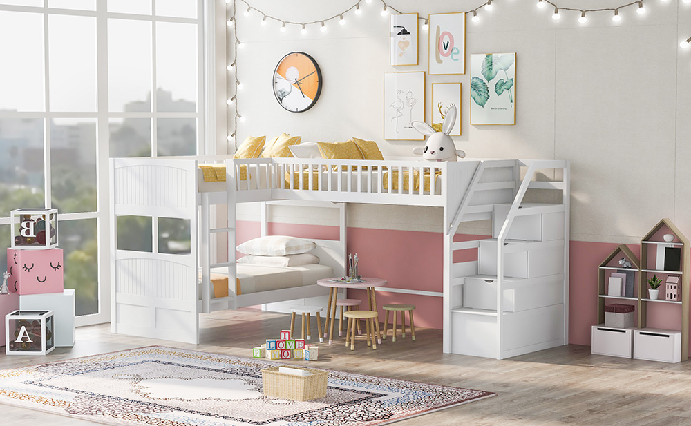 Twin-Over-Twin Size L-Shaped Bunk Bed Frame with Ladder, Storage Stairs, and Wooden Slats Support, for Kids, Teens, Boys, Girls (Frame Only) - White