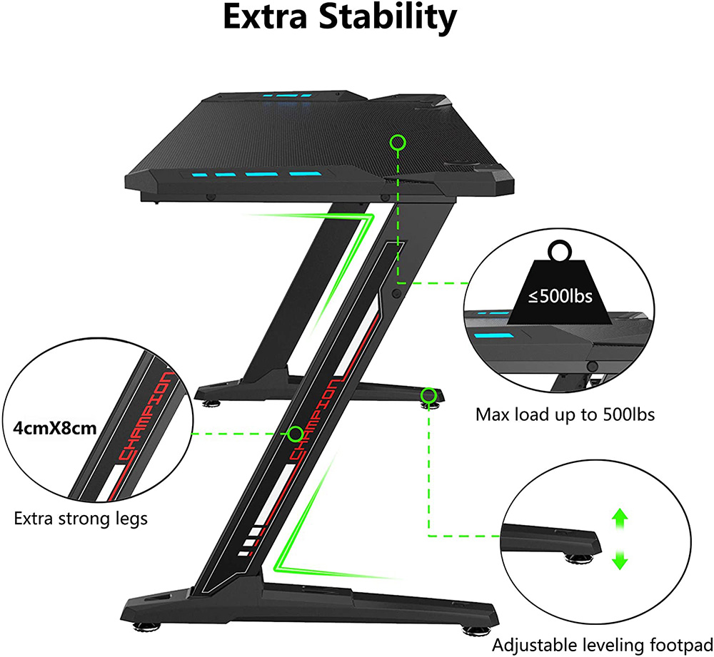 Home Office 60" Computer Desk with RGB LED Lights, Wooden Tabletop and Metal Frame, for Game Room, Small Space, Study Room - Black