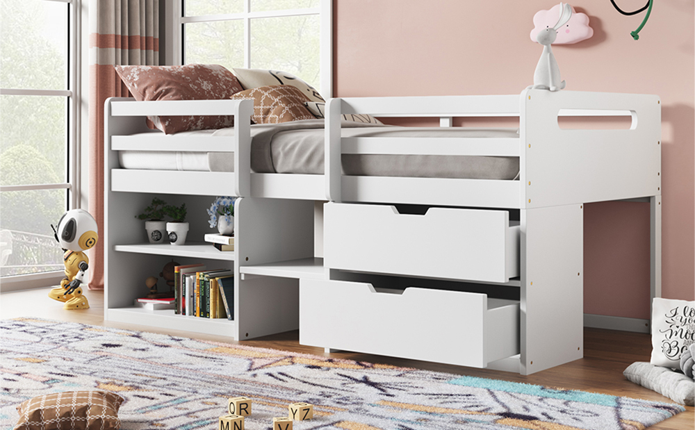 Twin-Size Loft Bed Frame with 2 Storage Drawers, 2 Shelves, and Wooden Slats Support, No Box Spring Required, for Kids, Teens, Boys, Girls (Frame Only) - White