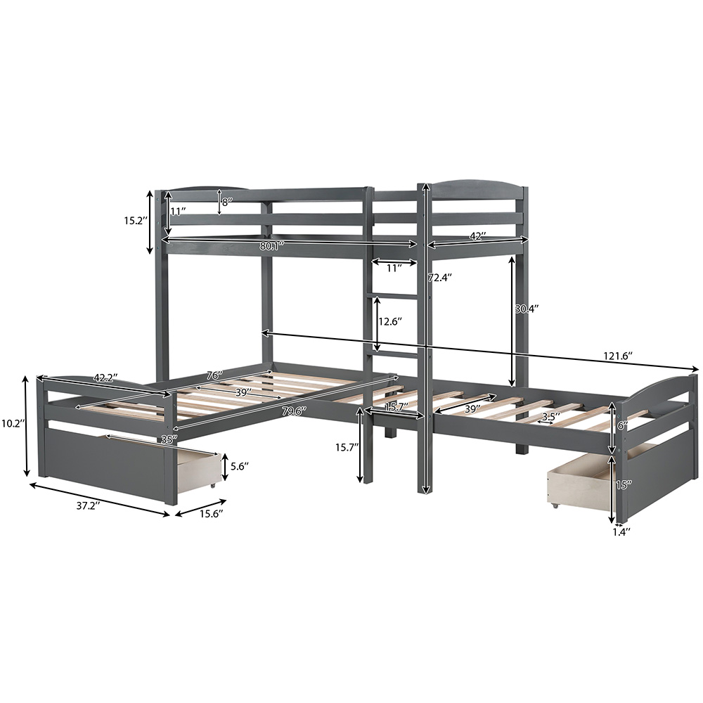 Twin-Over-Twin Size L-shaped Bunk Bed Frame with 2 Storage Drawers, Ladder, and Wooden Slats Support, for Kids, Teens, Boys, Girls (Frame Only) - Gray