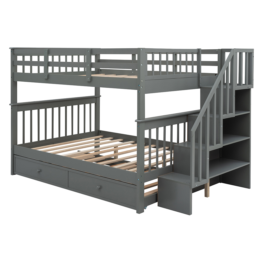 Full-Over-Full Size Bunk Bed Frame with Twin-Size Trundle, Storage Shelves, and Wooden Slats Support, for Kids, Teens, Boys, Girls (Frame Only) - Gray