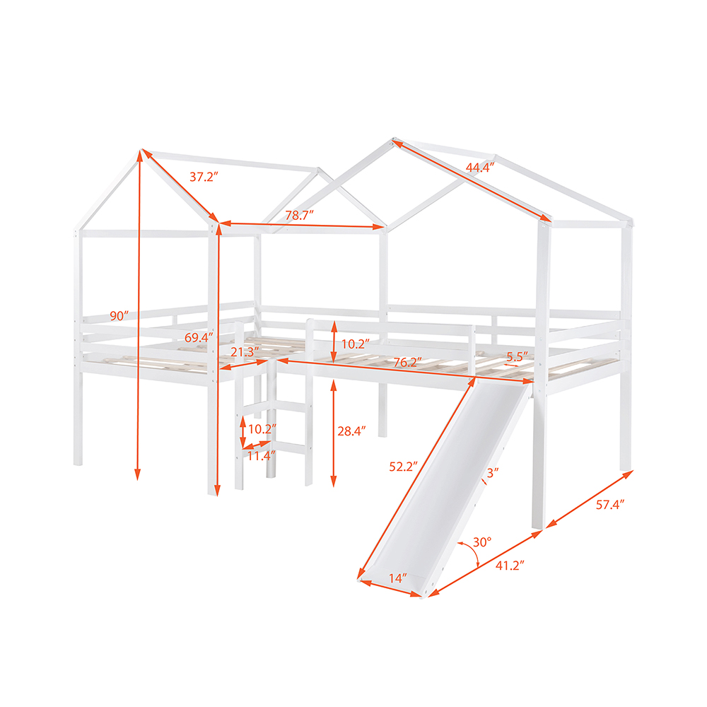 Full-Size House-Shaped Loft Bed Frame with Slide, Ladder, and Wooden Slats Support, No Box Spring Required, for Kids, Teens, Boys, Girls (Frame Only) - White