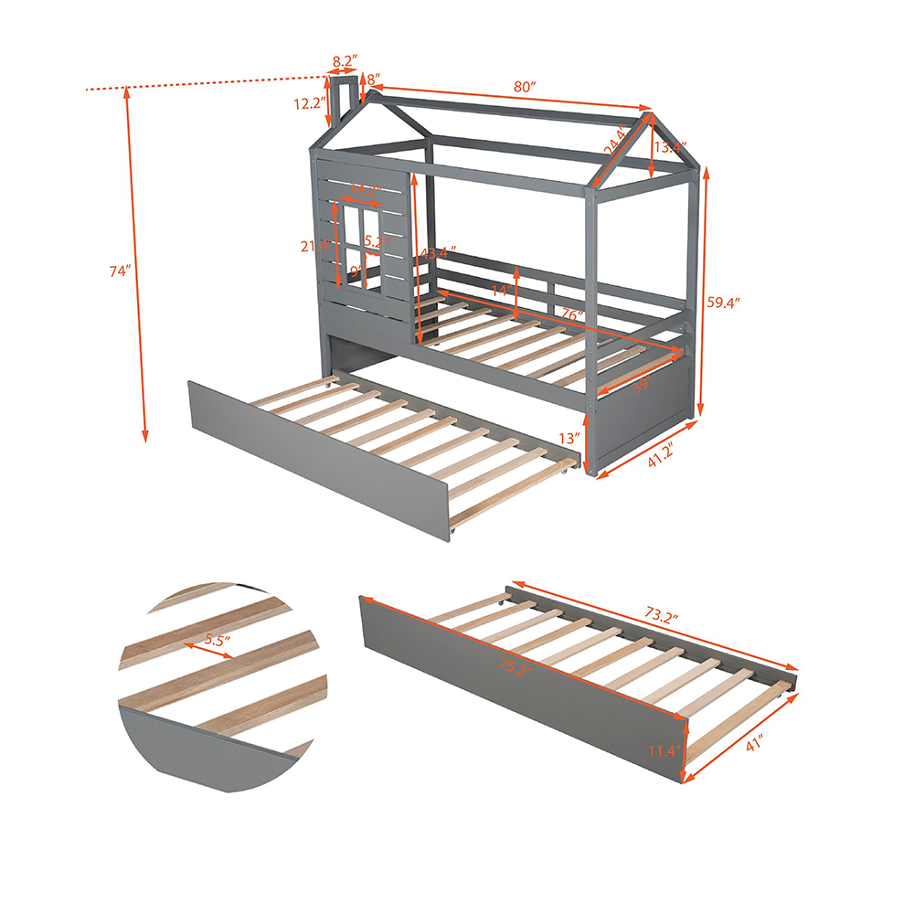 Twin Size House-shaped Platform Bed Frame with Twin Size Trundle and Wooden Slats Support, No Box Spring Needed (Only Frame) - Gray