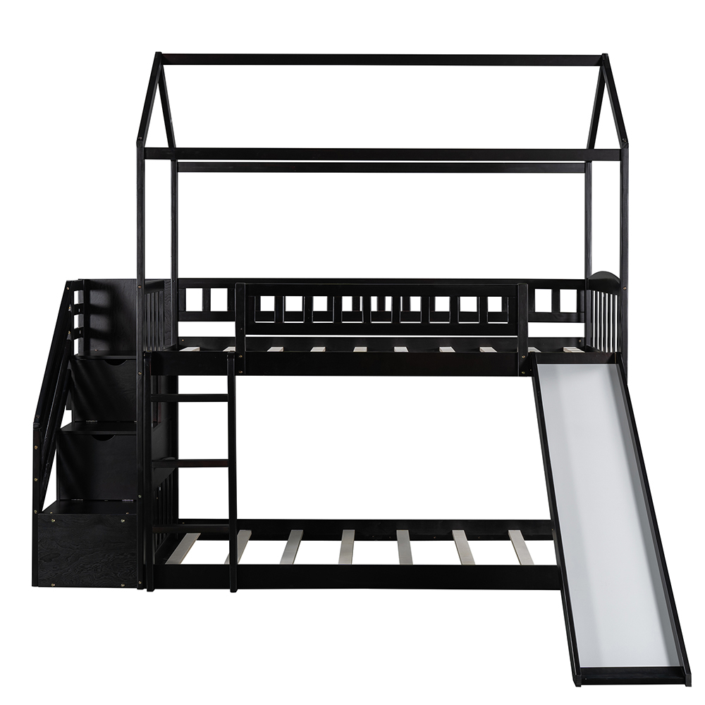Twin-Over-Twin Size Bunk Bed Frame with Storage Stairs, Slide, and Wooden Slats Support, for Kids, Teens, Boys, Girls (Frame Only) - Espresso