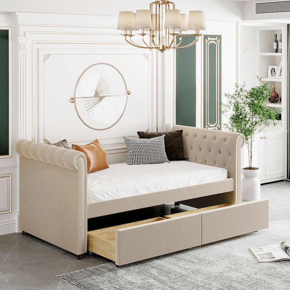 Twin Size Upholstered Daybed with 2 Storage Drawers, and Wooden Slats Support, No Box Spring Needed (Only Frame) - Beige