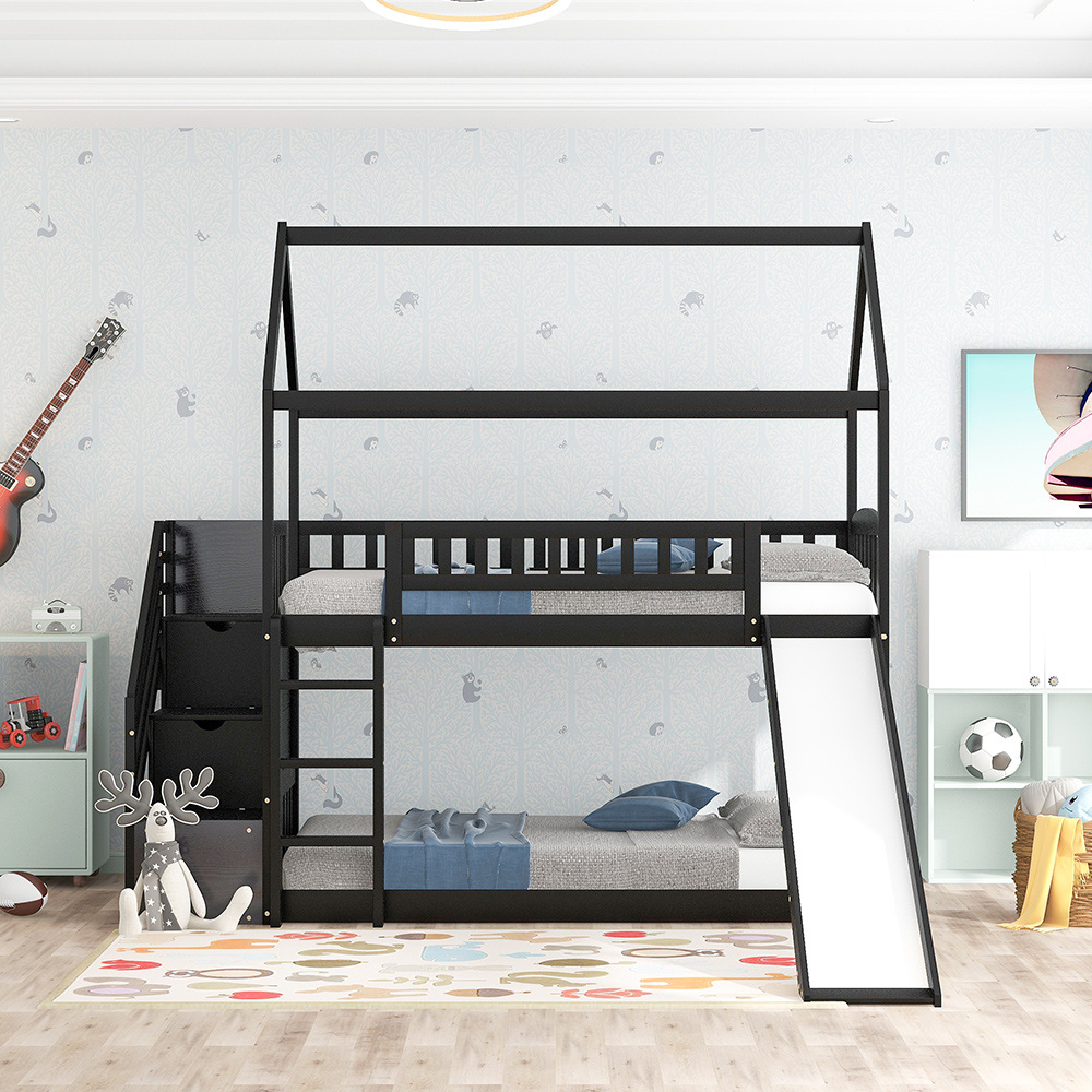 Twin-Over-Twin Size Bunk Bed Frame with Storage Stairs, Slide, and Wooden Slats Support, for Kids, Teens, Boys, Girls (Frame Only) - Espresso