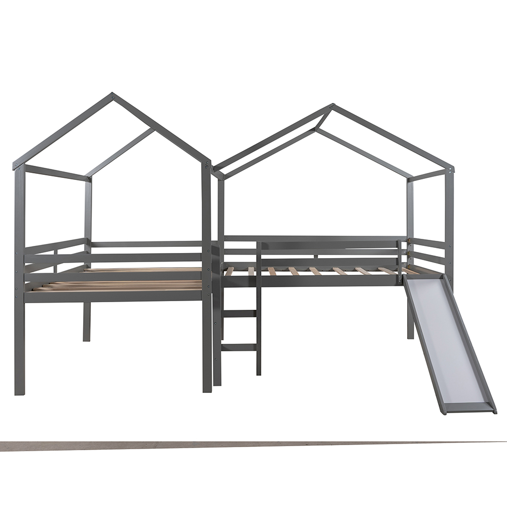 Full-Size House-Shaped Loft Bed Frame with Slide, Ladder, and Wooden Slats Support, No Box Spring Required, for Kids, Teens, Boys, Girls (Frame Only) - Gray