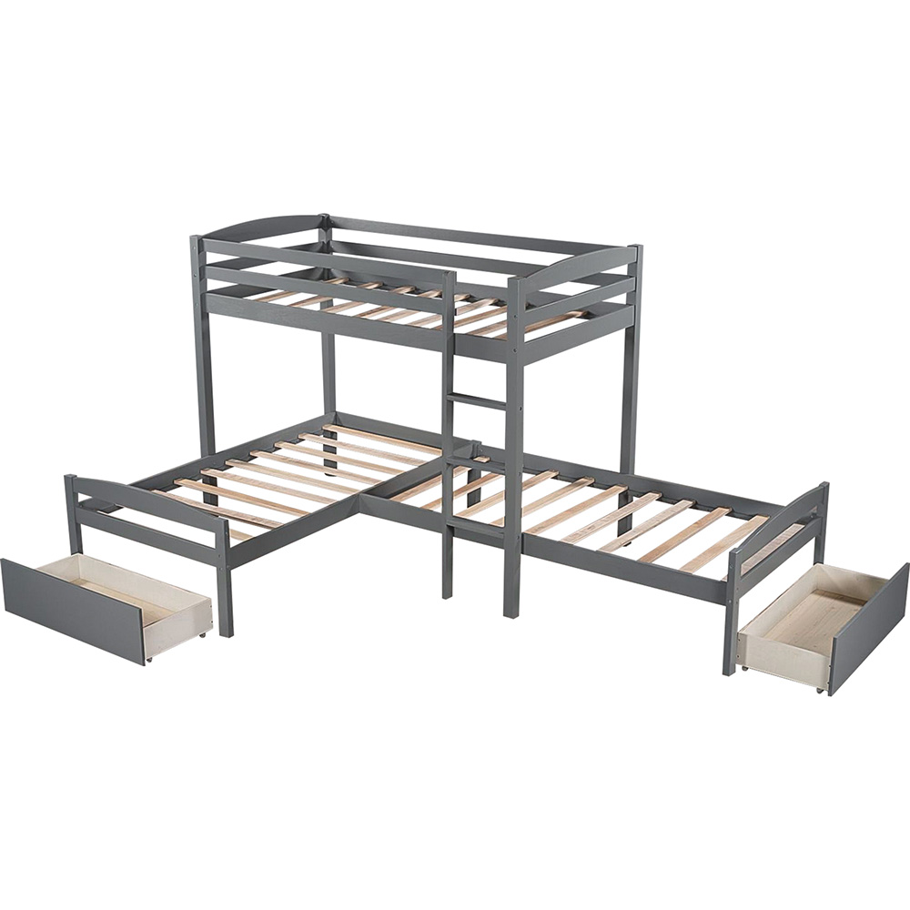 Twin-Over-Twin Size L-shaped Bunk Bed Frame with 2 Storage Drawers, Ladder, and Wooden Slats Support, for Kids, Teens, Boys, Girls (Frame Only) - Gray