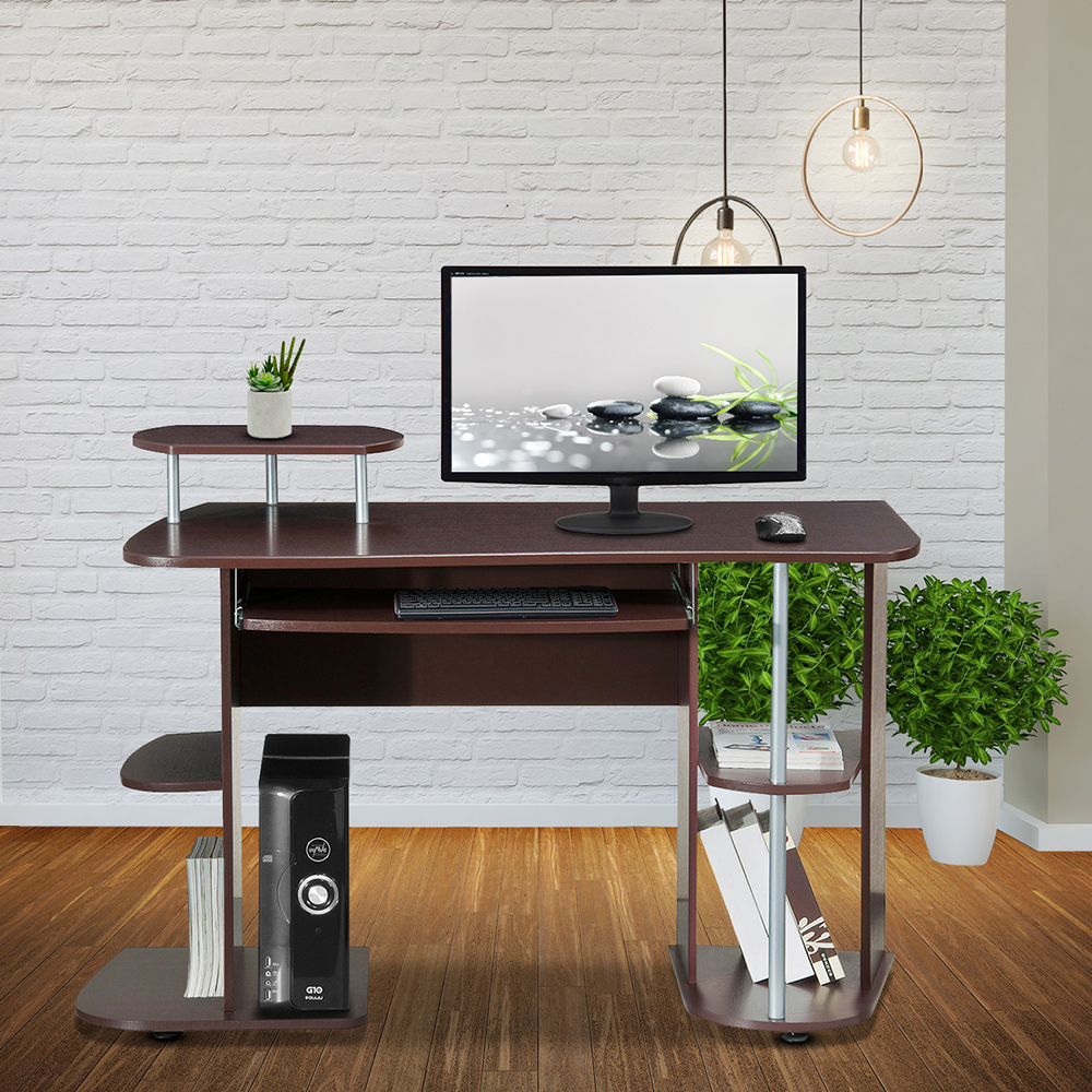 Techni Mobili 46.5" Computer Desk with Slide-out Keyboard Tray, Storage Shelves, and MDF Frame, for Game Room, Small Space, Study Room - Chocolate
