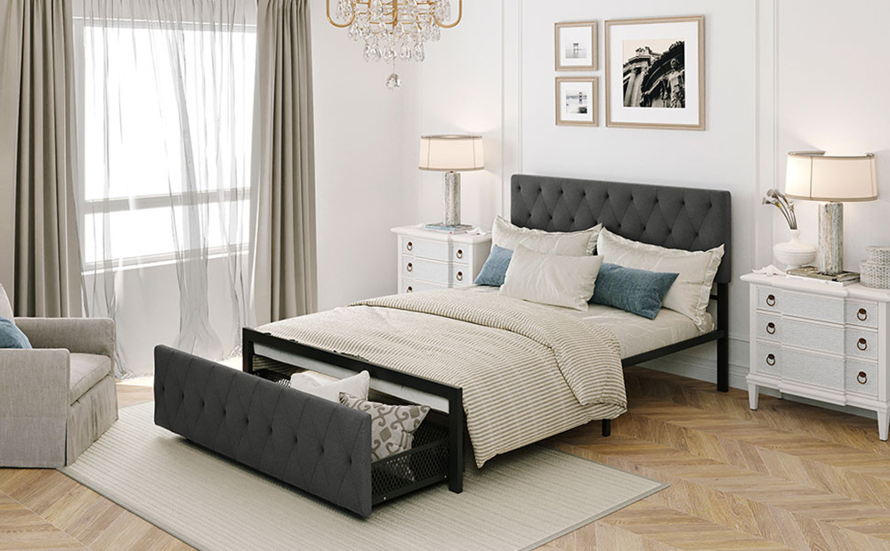 Full Size Upholstered Platform Bed Frame with Storage Drawer, Headboard, and Metal Slats Support, No Box Spring Needed (Only Frame) - Gray