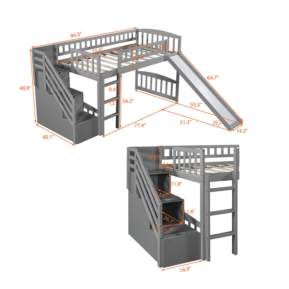 Twin-Size Loft Bed Frame with Storage Stairs, Slide, and Wooden Slats Support, No Box Spring Required, for Kids, Teens, Boys, Girls (Frame Only) - Gray