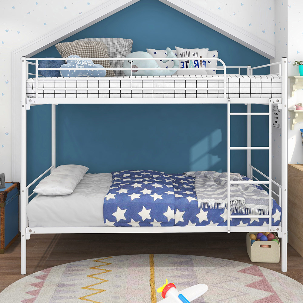 Twin-Over-Twin Size Bunk Bed Frame with Ladder, and Metal Slats Support, No Spring Box Required, for Kids, Teens (Frame Only) - White