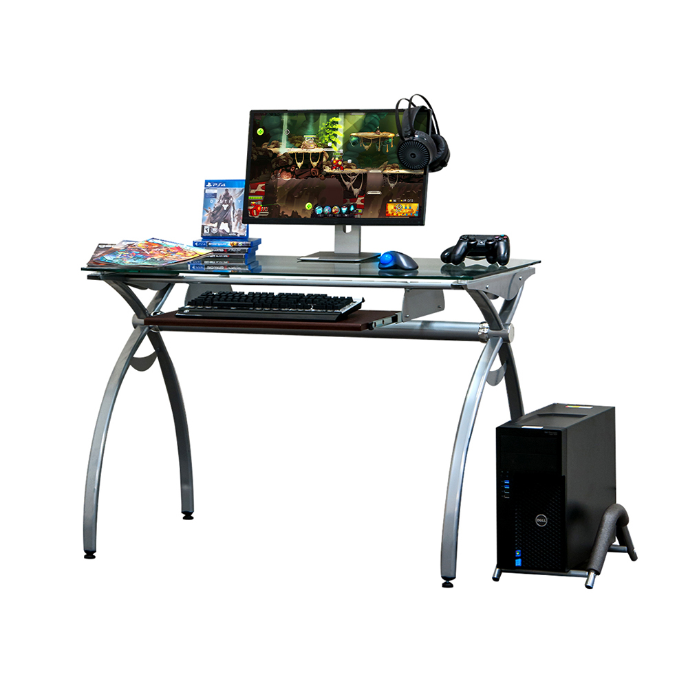 Techni Mobili Home Office L-Shaped Computer Desk with Pull-Out Keyboard Panel, Glass Tabletop and Metal Frame, for Game Room, Small Space, Study Room - White
