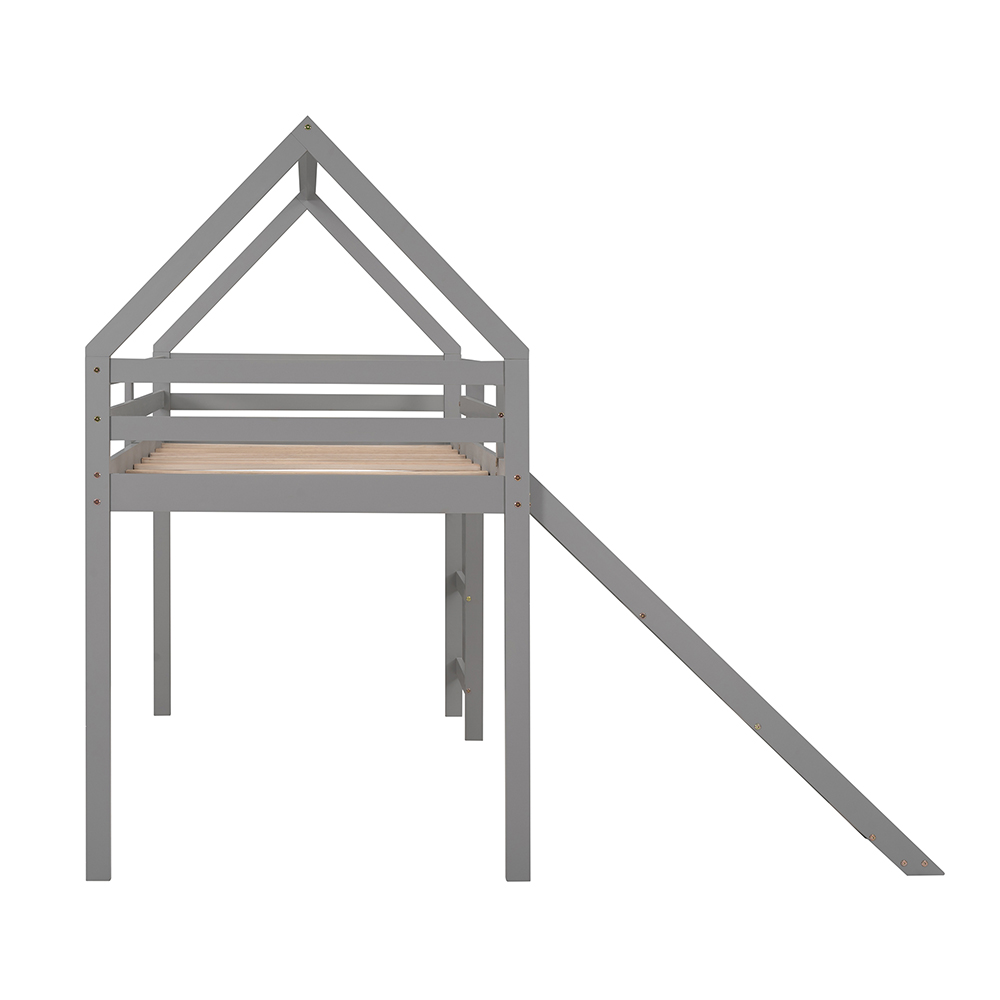 Twin-Size House-Shaped Loft Bed Frame with Slide and Wooden Slats Support, No Box Spring Required, for Kids, Teens, Boys, Girls (Frame Only) - Gray
