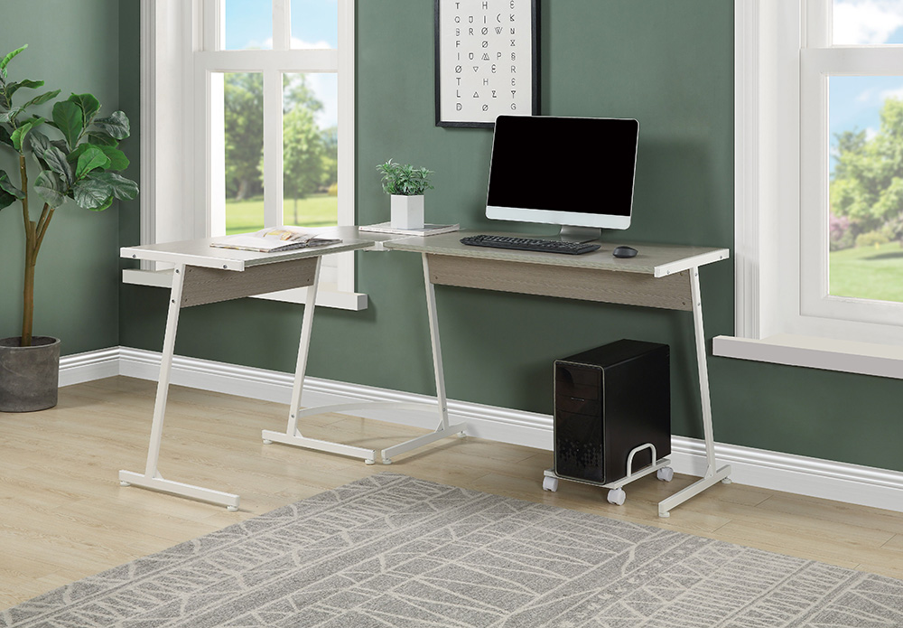 ACME Dazenus Home Office 58" L-shaped Computer Desk with Wooden Tabletop and Metal Frame, for Game Room, Small Space, Study Room - White + Gray