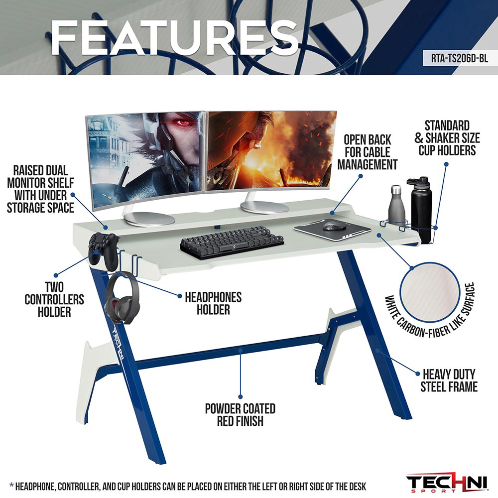 Techni Home Office Gaming Desk with Cup Holder, Headphone Hook, MDF Tabletop and Metal Frame, for Game Room, Small Space, Study Room - Blue