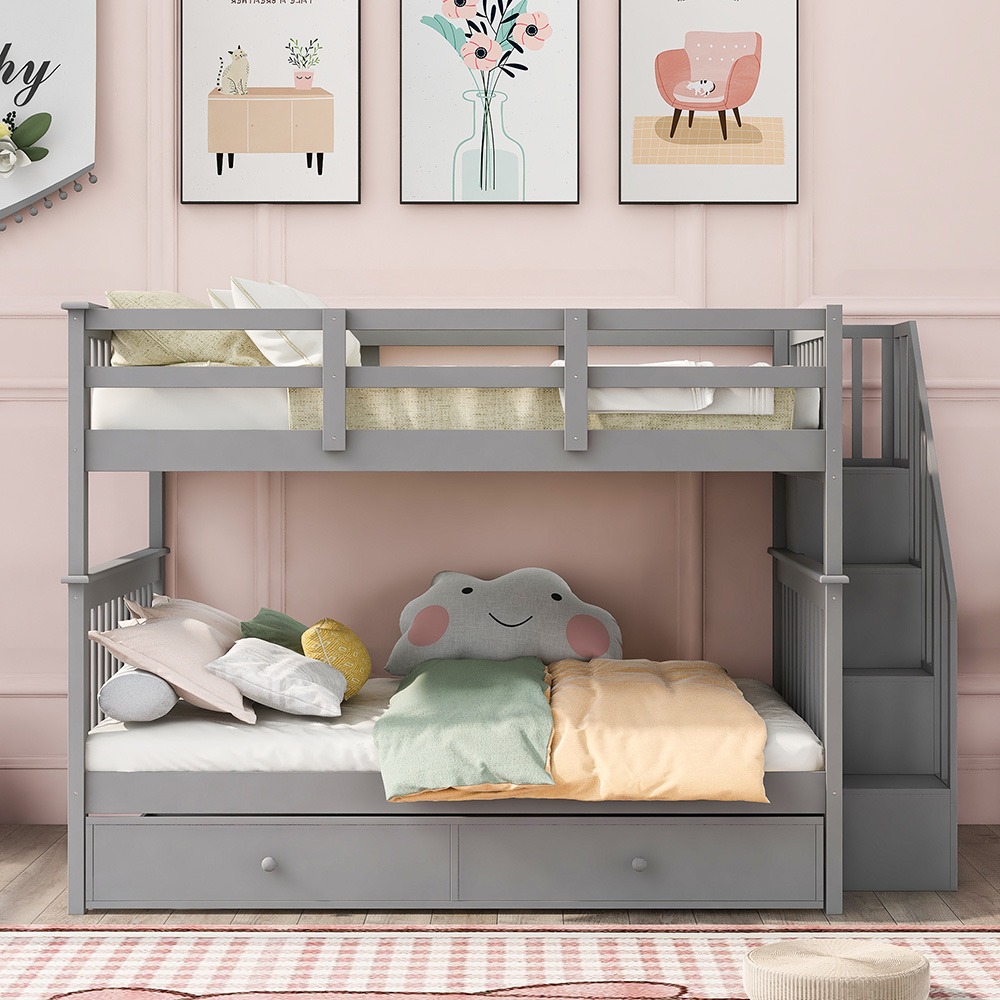 Full-Over-Full Size Bunk Bed Frame with Twin-Size Trundle, Storage Shelves, and Wooden Slats Support, for Kids, Teens, Boys, Girls (Frame Only) - Gray
