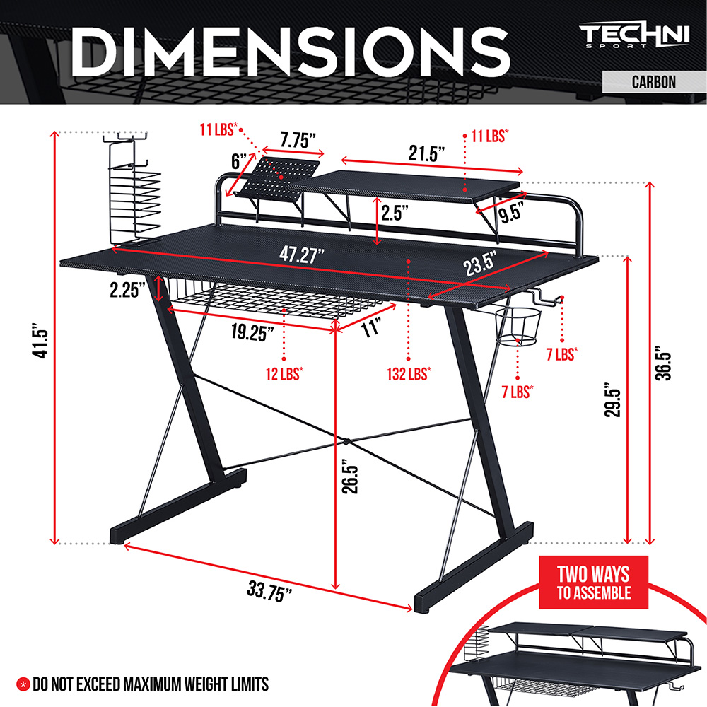 Techni 23.5" Computer Desk with Headphone Holder, Media Storage Rack, MDF Tabletop and Metal Frame, for Game Room, Small Space, Study Room - Black