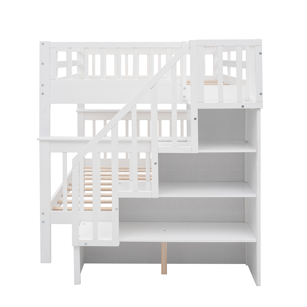 Full-Over-Full Size Bunk Bed Frame with Storage Stairs, Ladder, and Wooden Slats Support, for Kids, Teens, Boys, Girls (Frame Only) - White