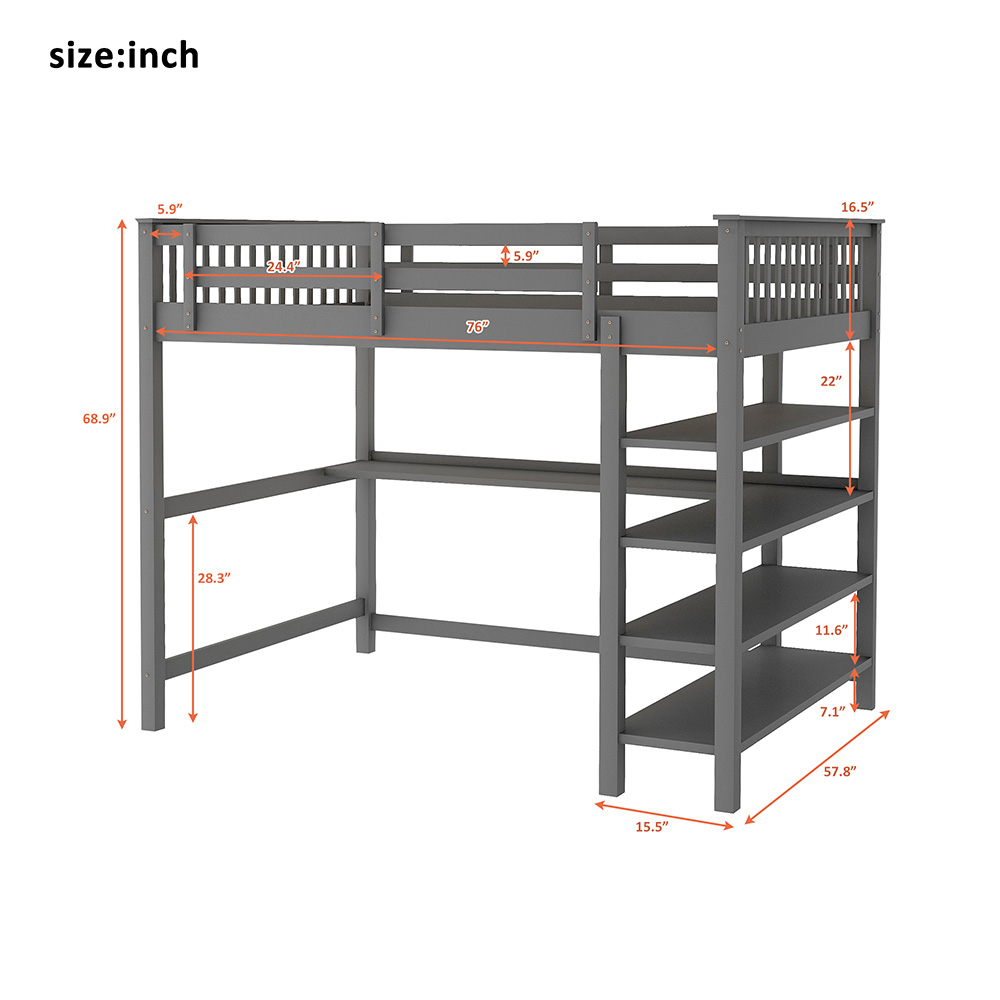 Full Size Wooden Loft Bed Frame with Storage Shelves and Desk, Space-saving Design, No Need for Spring Box - Gray