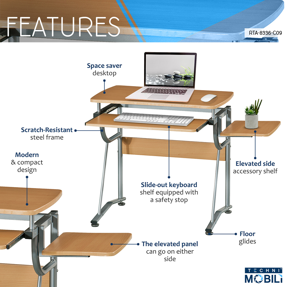 Techni Mobili 43" Computer Desk with Slide-out Keyboard Tray, Side Shelf, MDF Tabletop and Metal Frame, for Game Room, Small Space, Study Room - Cherry