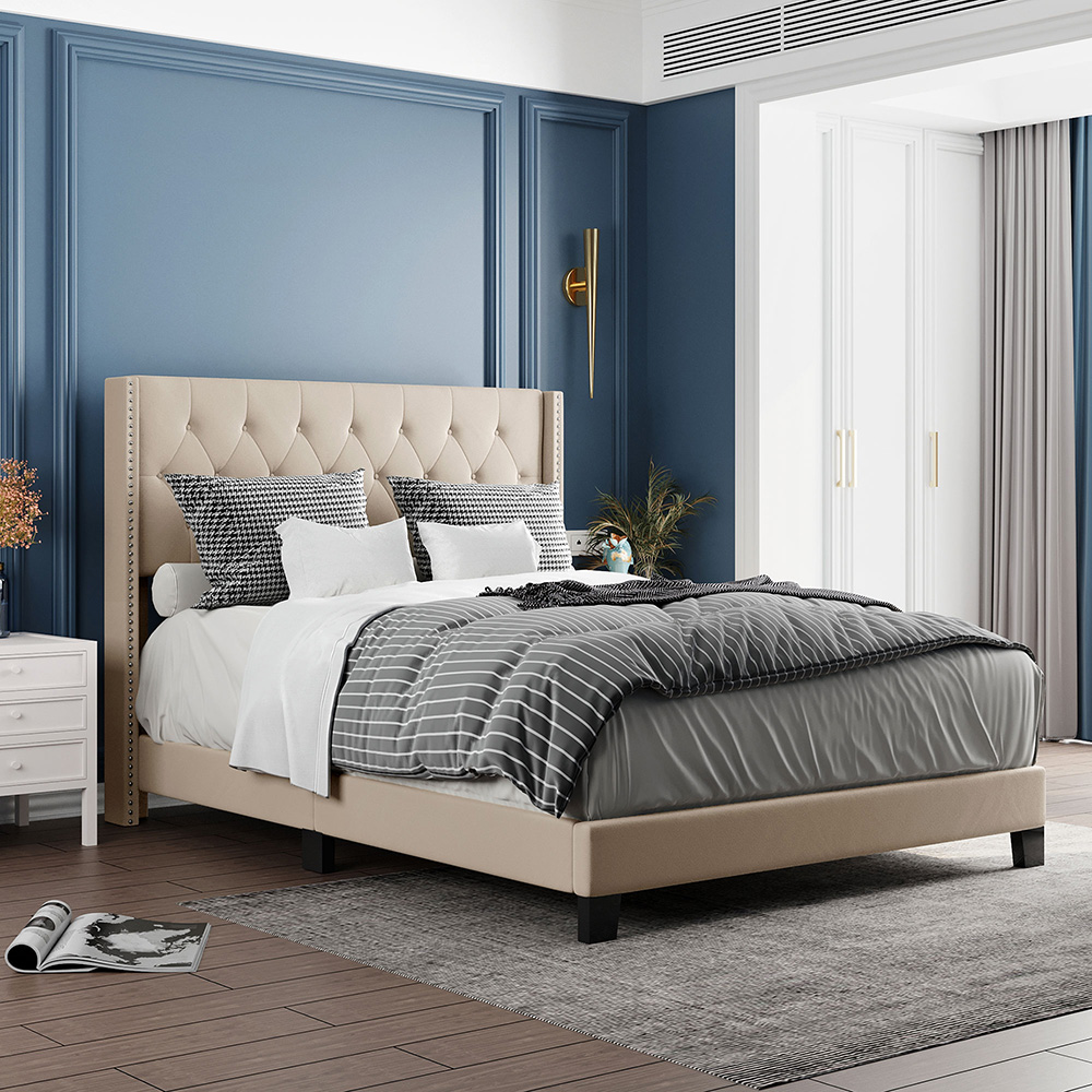 Queen Size Linen Fabric Upholstered Platform Bed Frame with Headboard and Wooden Slats Support, Box Spring Needed (Only Frame) - Beige