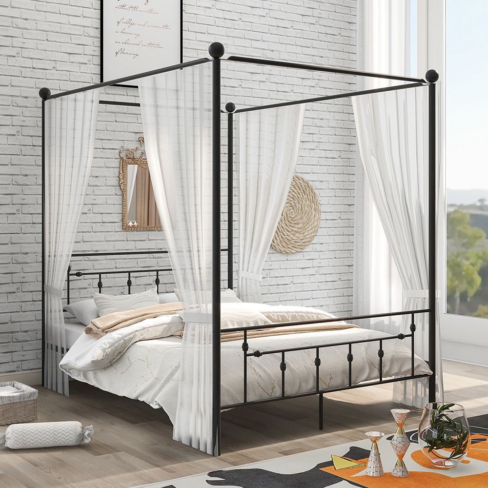 Queen Size Canopy Platform Bed Frame with Headboard and Metal Slats Support, No Box Spring Needed (Only Frame) - Black