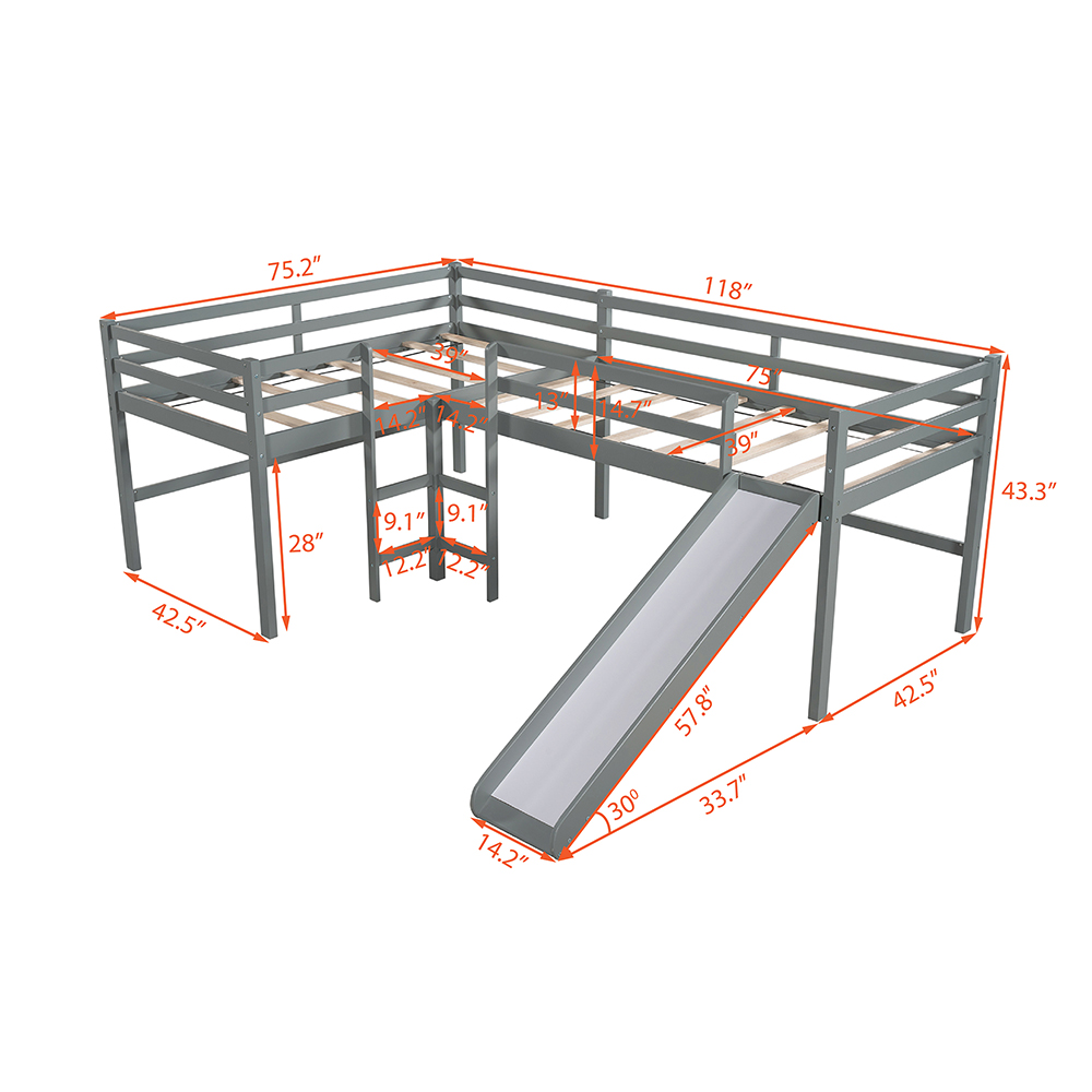 Twin-Size L-Shaped Loft Bed Frame with Built-in Ladders, Slide, and Wooden Slats Support, No Box Spring Required, for Kids, Teens, Boys, Girls (Frame Only) - Gray