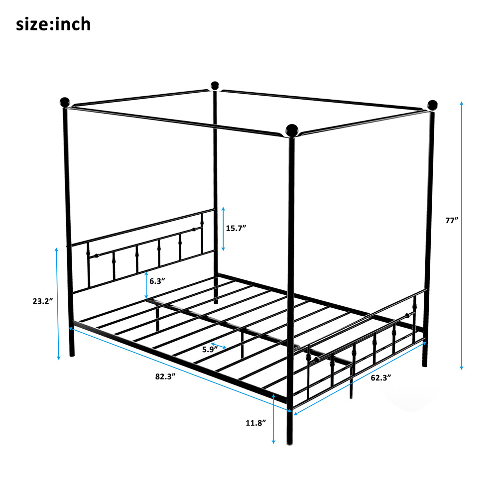 Queen Size Canopy Platform Bed Frame with Headboard and Metal Slats Support, No Box Spring Needed (Only Frame) - Black
