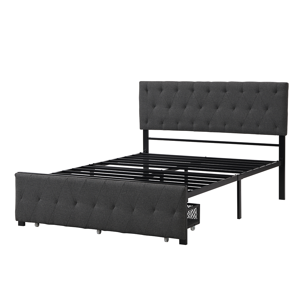 Full Size Upholstered Platform Bed Frame with Storage Drawer, Headboard, and Metal Slats Support, No Box Spring Needed (Only Frame) - Gray