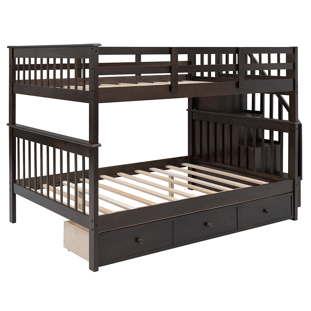 Full-Over-Full Size Bunk Bed Frame with Drawers, Storage Shelves, and Wooden Slats Support, for Kids, Teens, Boys, Girls (Frame Only) - Espresso