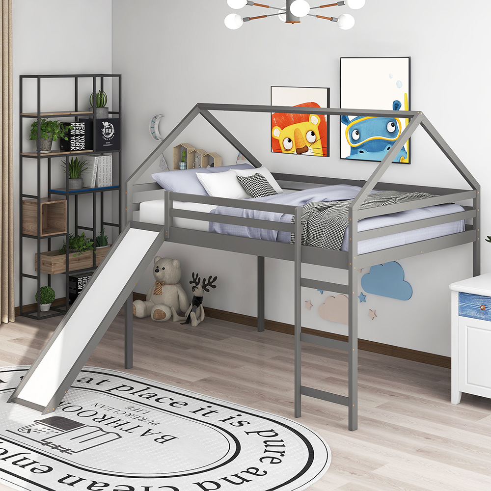 Full-Size Loft Bed Frame with Slide and Wooden Slats Support, No Box Spring Required, for Kids, Teens, Boys, Girls (Frame Only) - Gray