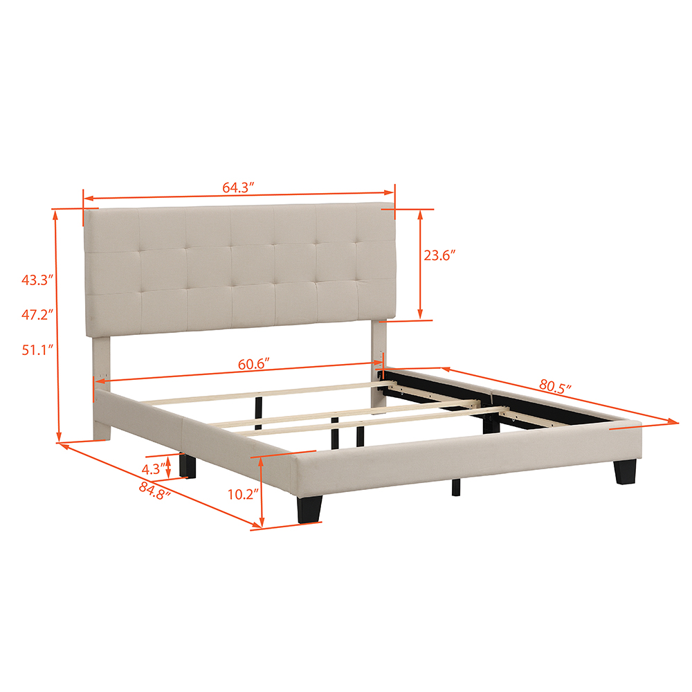 Queen-Size Linen Fabric Upholstered Platform Bed Frame with Tufted Headboard and Wooden Slats Support, Box Spring Needed (Only Frame) - Beige