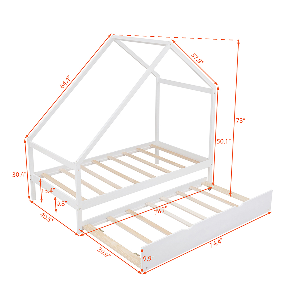 Twin Size House-Shaped Platform Bed Frame with Twin Size Trundle, and Wooden Slats Support, No Box Spring Needed (Only Frame) - White