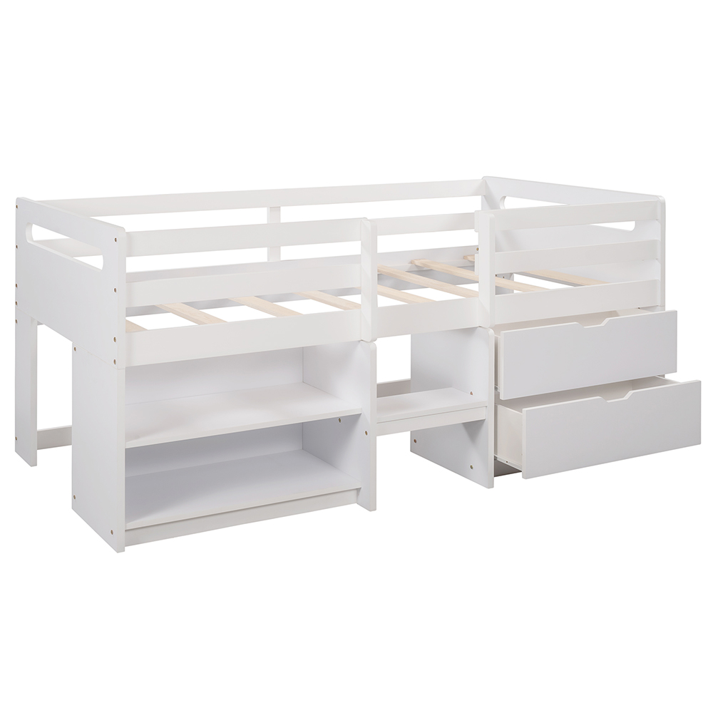 Twin-Size Loft Bed Frame with 2 Storage Drawers, 2 Shelves, and Wooden Slats Support, No Box Spring Required, for Kids, Teens, Boys, Girls (Frame Only) - White