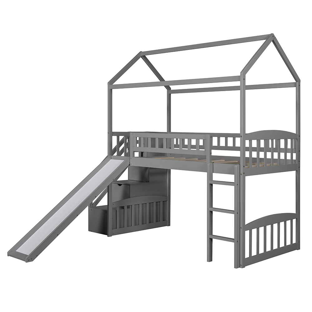 Twin-Size House-shaped Loft Bed Frame with Storage Stairs, Ladder, Slide, and Wooden Slats Support, No Box Spring Required, for Kids, Teens, Boys, Girls (Frame Only) - Gray