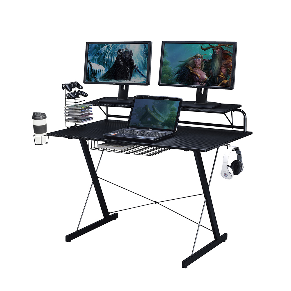 Techni 23.5" Computer Desk with Headphone Holder, Media Storage Rack, MDF Tabletop and Metal Frame, for Game Room, Small Space, Study Room - Black