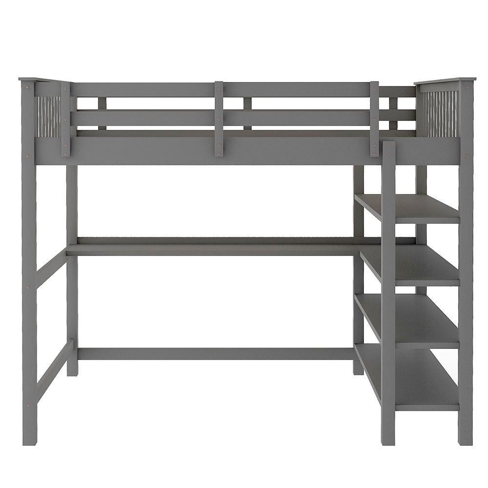 Full Size Wooden Loft Bed Frame with Storage Shelves and Desk, Space-saving Design, No Need for Spring Box - Gray