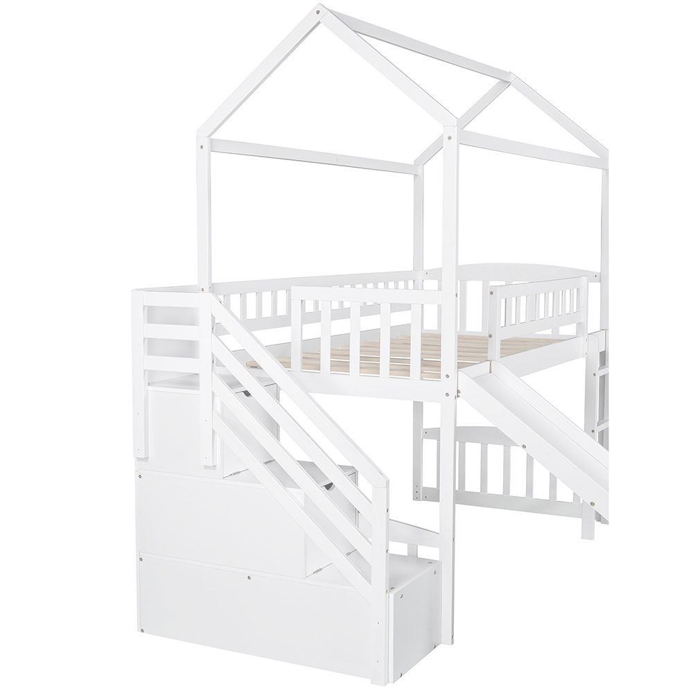 Twin-Size House-shaped Loft Bed Frame with Storage Stairs, Ladder, Slide, and Wooden Slats Support, No Box Spring Required, for Kids, Teens, Boys, Girls (Frame Only) - White