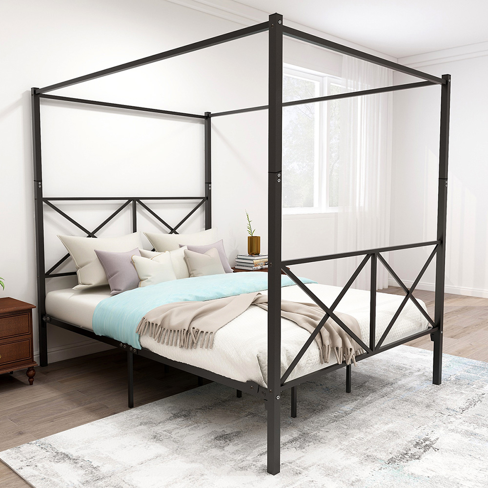 Queen Size Canopy Platform Bed Frame with X-Shaped Frame and Metal Slats Support, No Box Spring Needed (Only Frame) - Black
