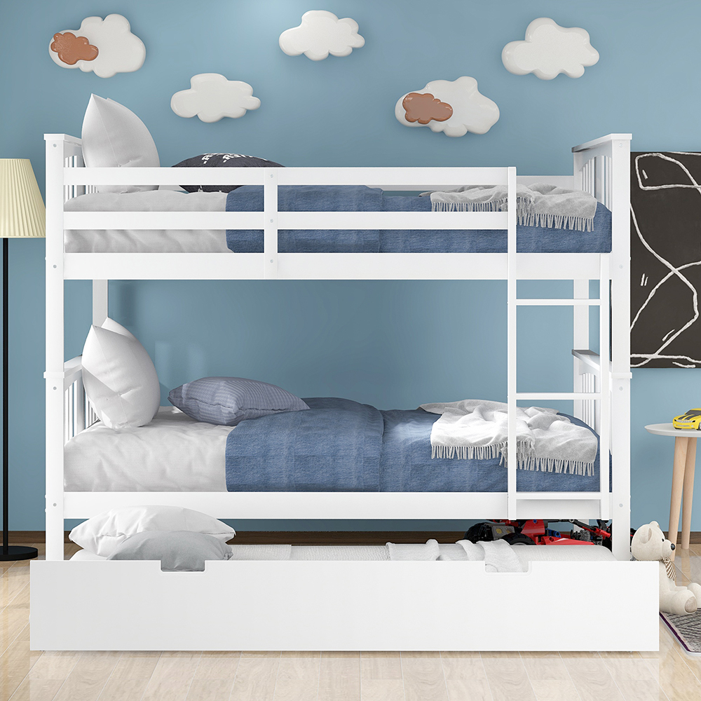 Full-Over-Full Size Bunk Bed Frame with Twin-Size Trundle, Ladder, and Wooden Slats Support, for Kids, Teens, Boys, Girls (Frame Only) - White