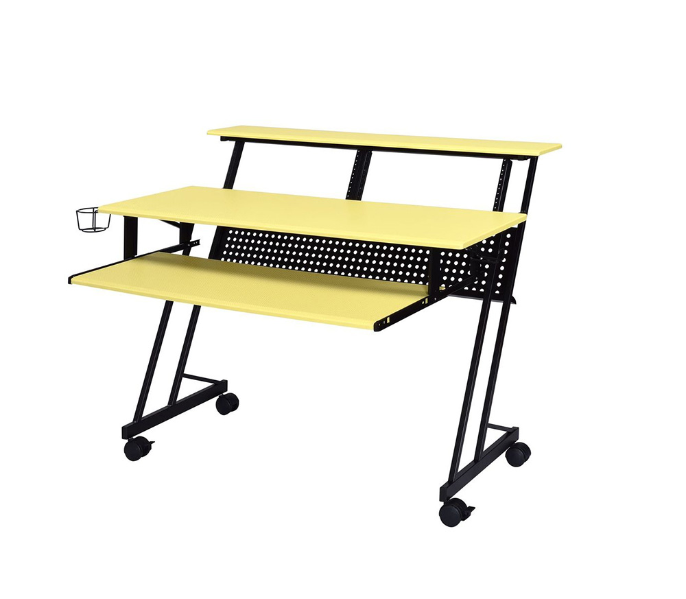 ACME Suitor Computer Desk with Keyboard Tray, Wooden Tabletop and Metal Frame, for Game Room, Small Space, Study Room - Yellow + Black