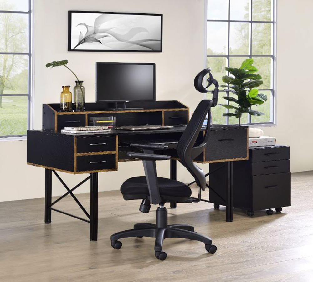 ACME Safea Computer Desk with 5 Storage Drawers, Particle Board Tabletop and Metal Frame, for Game Room, Small Space, Study Room - Black