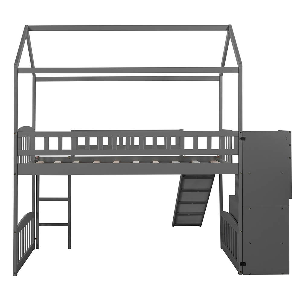 Twin-Size House-shaped Loft Bed Frame with Storage Stairs, Ladder, Slide, and Wooden Slats Support, No Box Spring Required, for Kids, Teens, Boys, Girls (Frame Only) - Gray