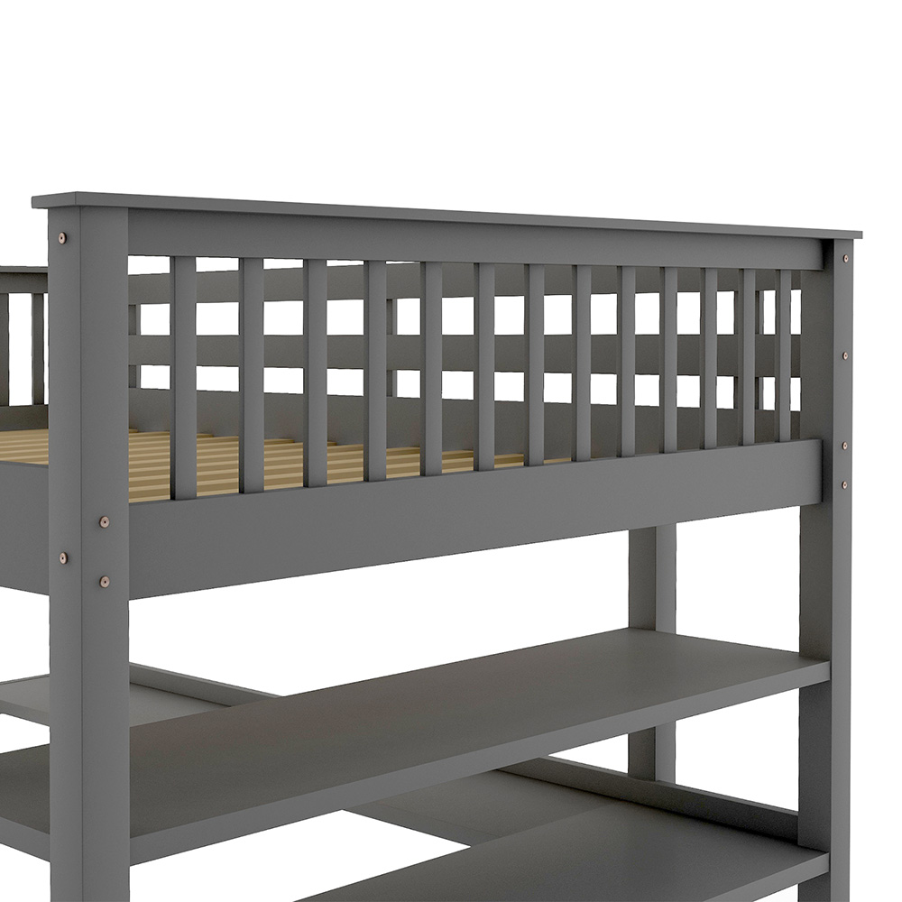 Full Size Wooden Loft Bed Frame with Storage Shelves and Desk, Space-saving Design, No Need for Spring Box - Gray