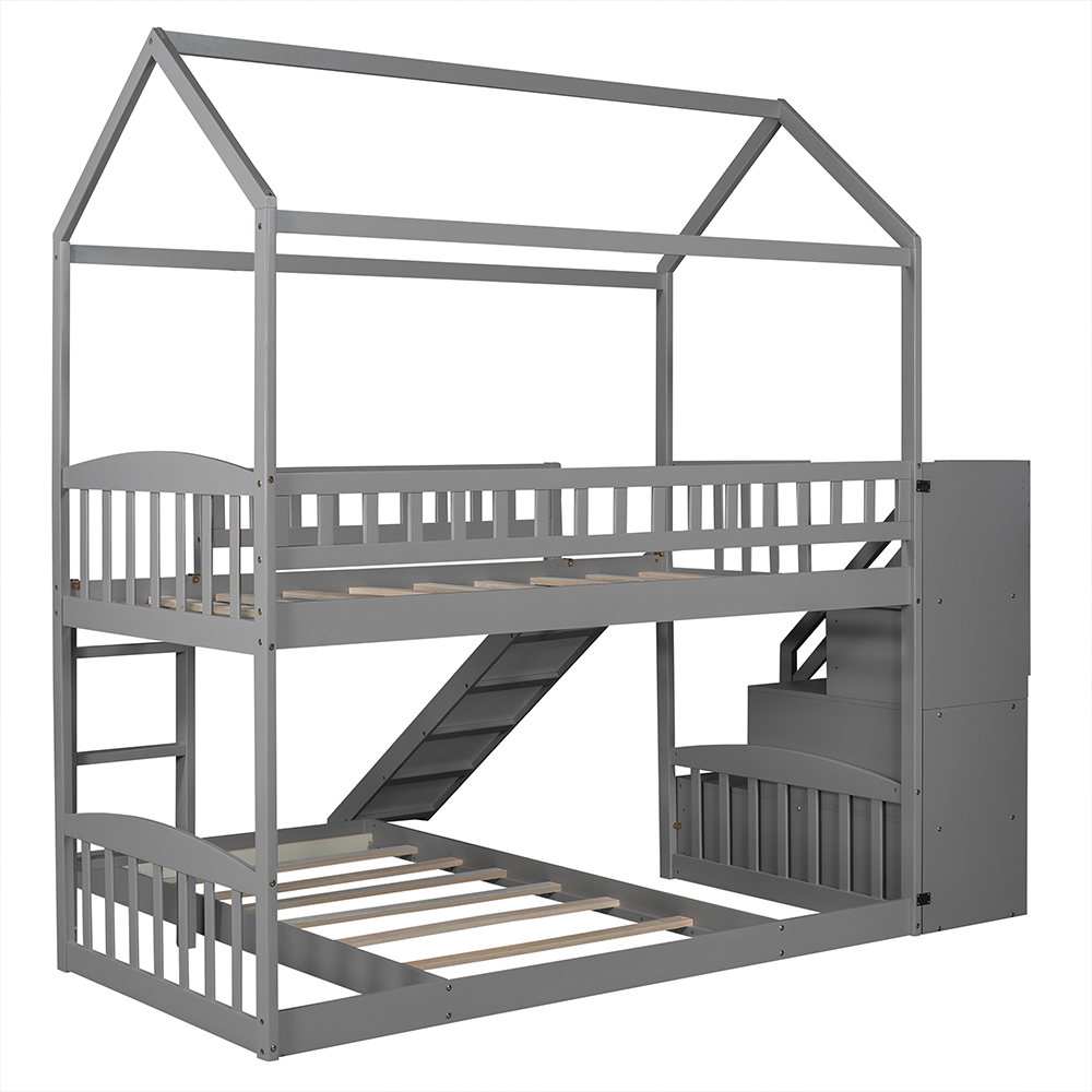 Twin-Over-Twin Size House-shaped Bunk Bed Frame with 2 Storage Drawers, Slide, Ladder, and Wooden Slats Support, for Kids, Teens, Boys, Girls (Frame Only) - Gray