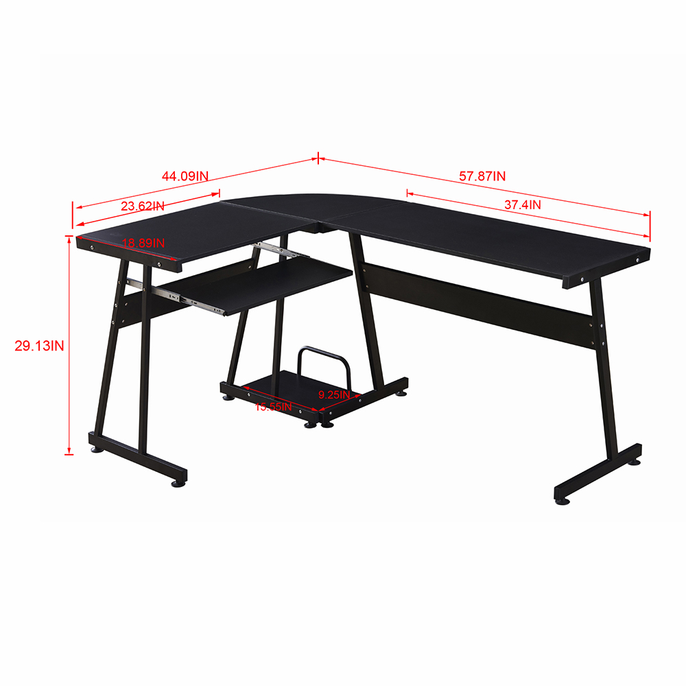 Home Office L-Shaped Computer Desk with Keyboard Tray, CPU Bracket, and Metal Frame, for Game Room, Small Space, Study Room - Black