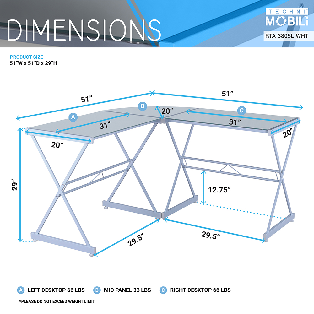 Techni Mobili Home Office L-Shaped Computer Desk with Glass Tabletop and Metal Frame, for Game Room, Small Space, Study Room - White