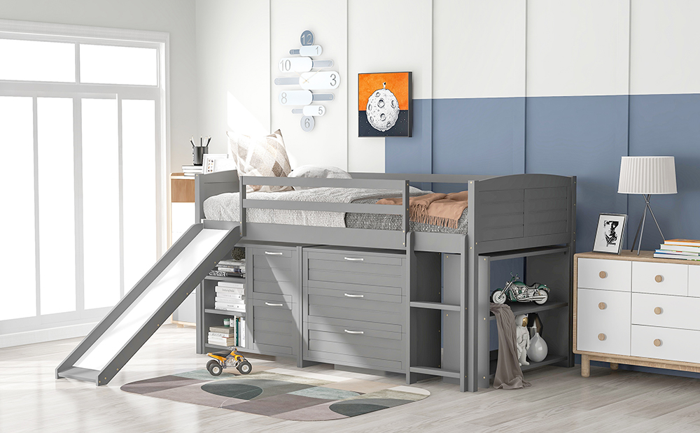 Twin-Size Loft Bed Frame with Storage Cabinets, Shelves, Slide, and Wooden Slats Support, No Box Spring Required, for Kids, Teens, Boys, Girls (Frame Only) - Gray